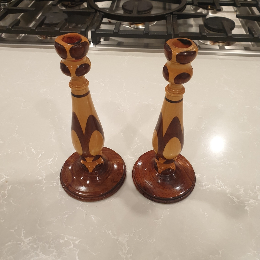 Wooden Candle Holders with Brown and Tan Design